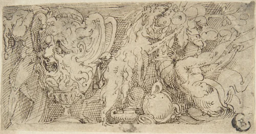 Design for a Frieze with a Grotesque Vase and Festoon with a Ram and Putto. by anonymous, drawing, 1550-1610