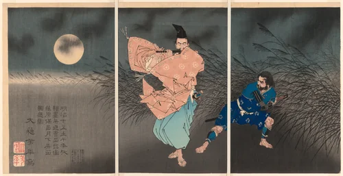 Fujiwara no Yasumasa Playing His Flute in the Moonlight by Tsukioka Yoshitoshi, print, 1883