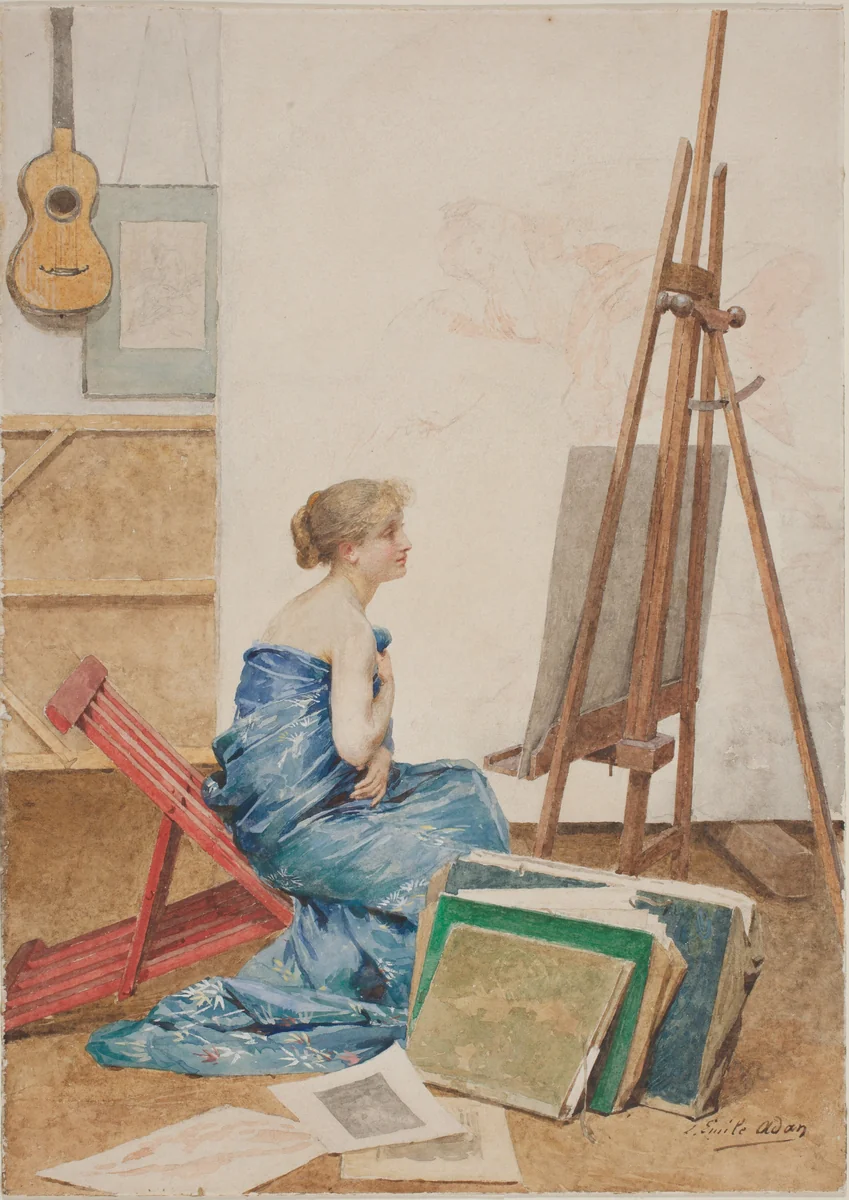 A Painter's Studio with a Model Wrapped in Japanese Silk by Louis Emile Adan, drawing, 1890-1899