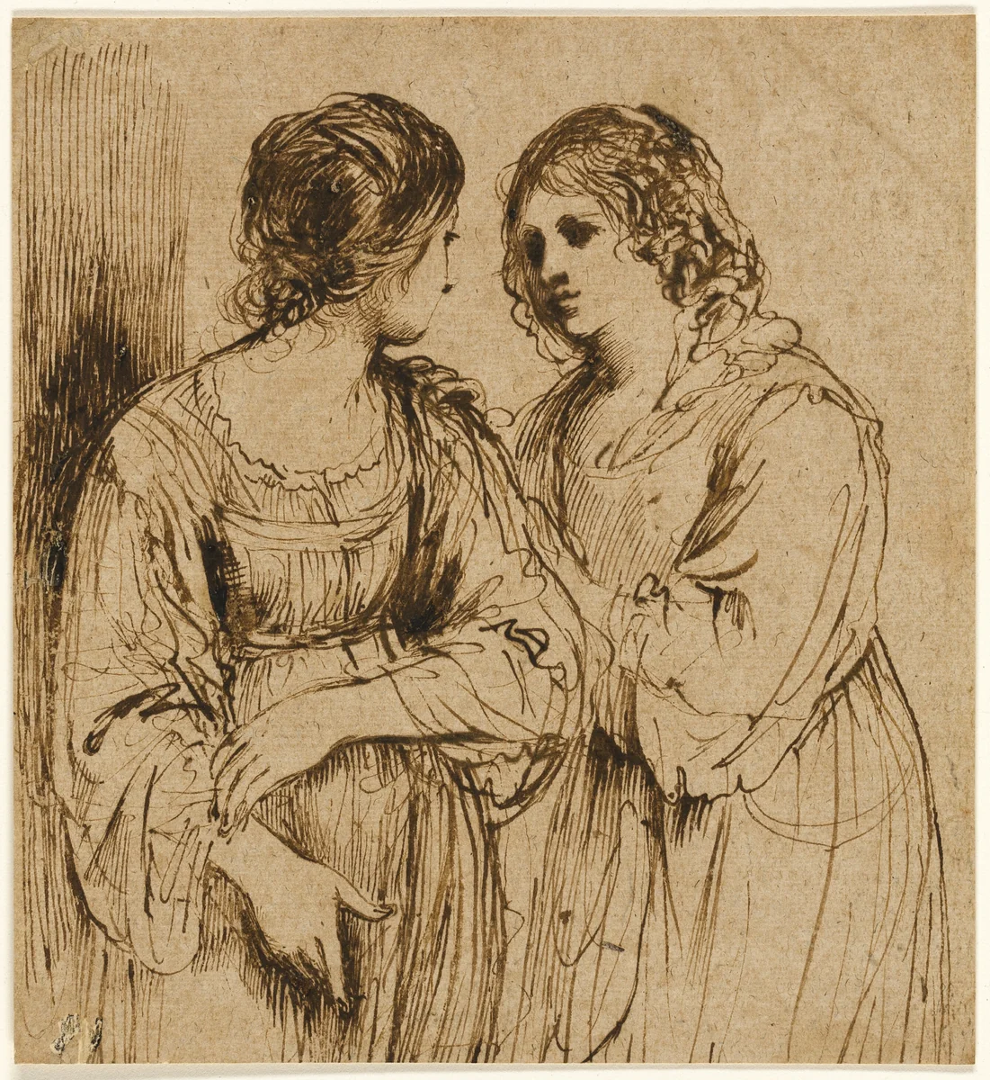 Two Young Women in Conversation by School of Guercino, drawing, 1611-1700