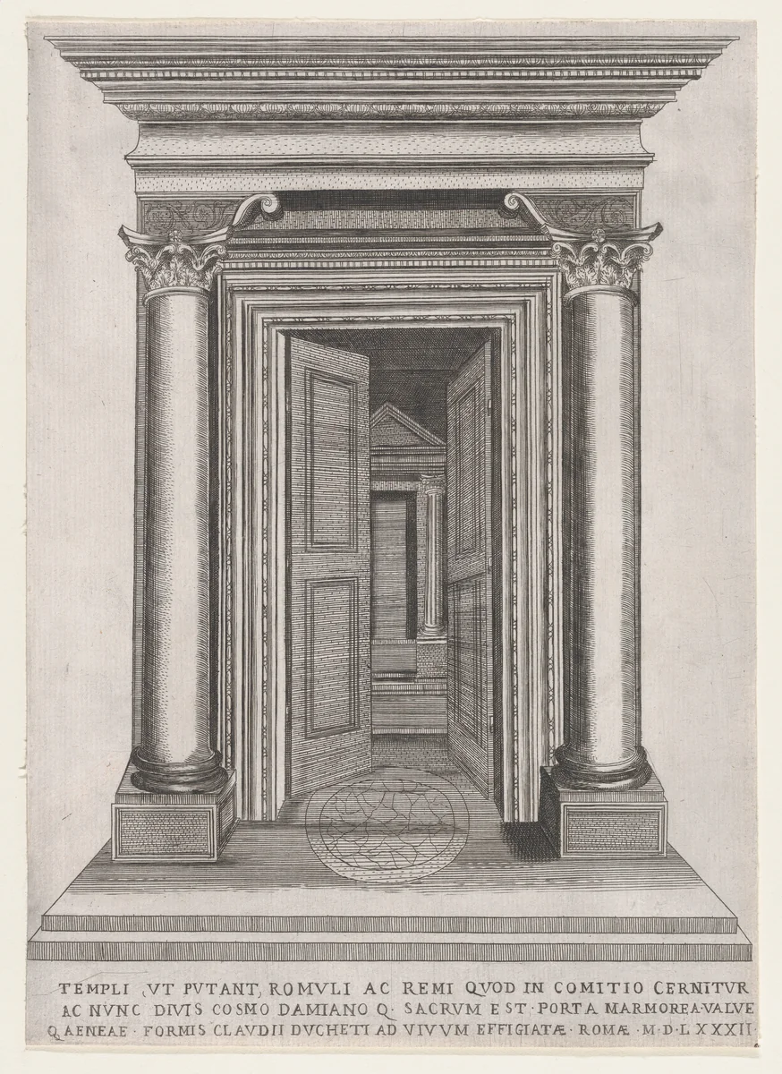 Portal of the Temple of Romulus and Remus, from "Speculum Romanae Magnificentiae" by anonymous, print, 1582