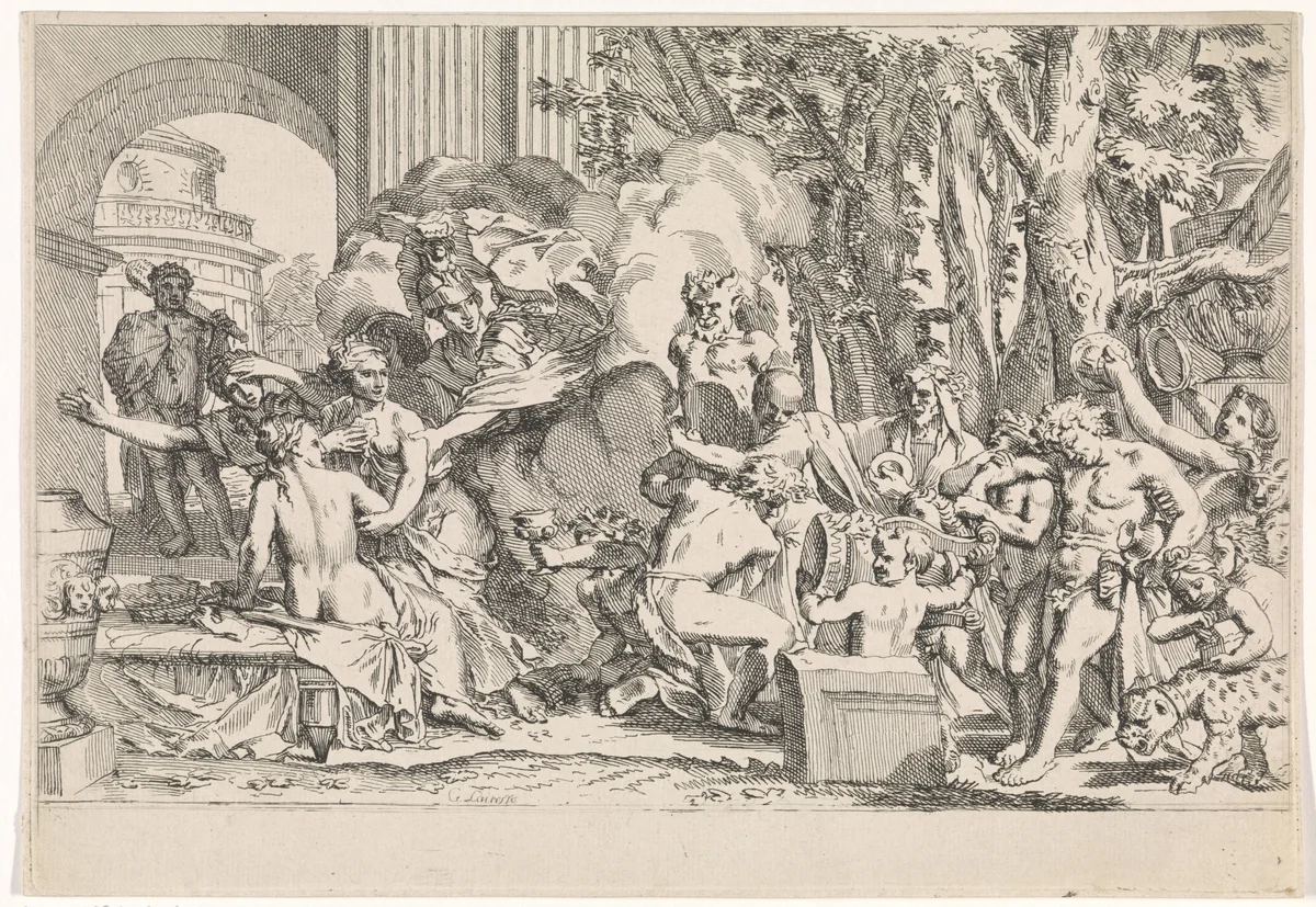 Minerva beschermt de onschuld tegen de verleiding by Johannes Glauber, print, 1656-1726