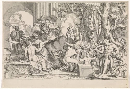 Minerva beschermt de onschuld tegen de verleiding by Johannes Glauber, print, 1656-1726