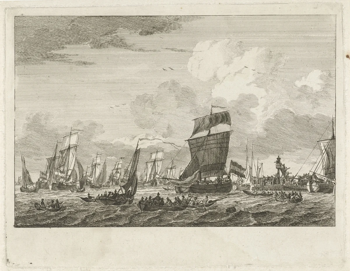 Uitvarende schepen bij Vlaardingen by Gerrit Groenewegen, print, 1764-1826