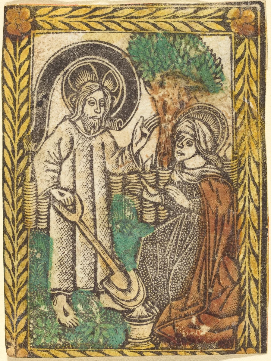 Christ Appearing to the Magdalene as a Gardner by Master of the Borders with the Four Fathers of the Church, print, 1460-1480