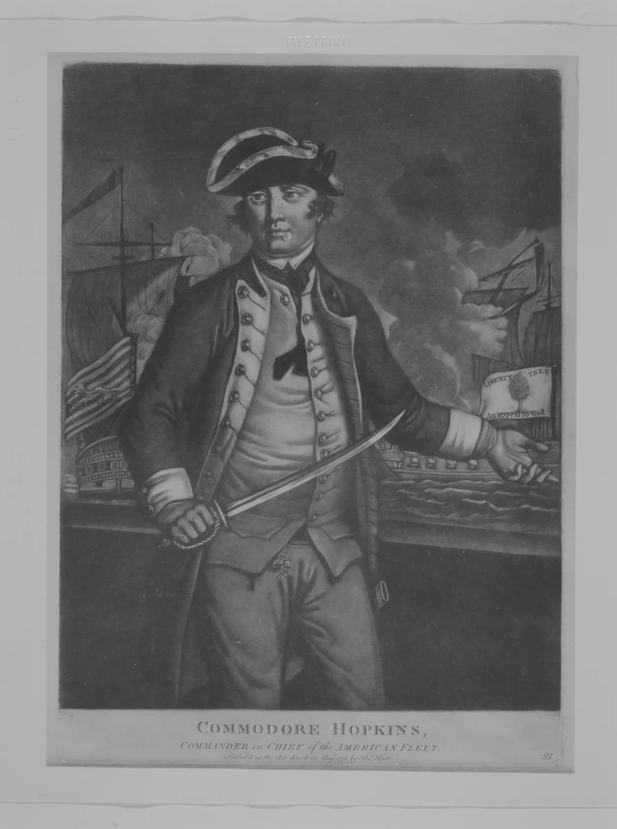 Commodore Hopkins, Commander in Chief of the American Fleet by anonymous, print, 1776