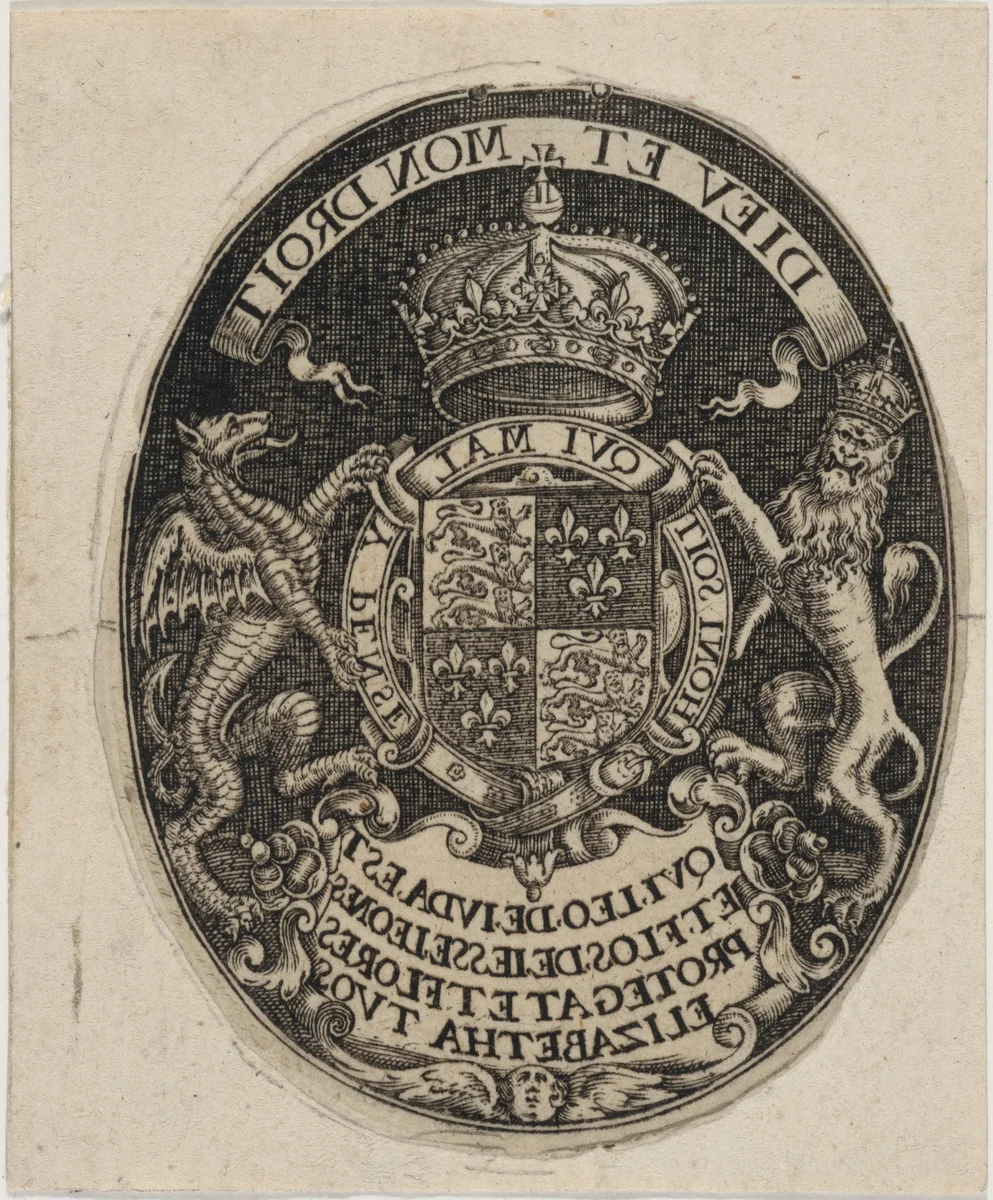Shield of Queen Elizabeth by Simon van de Passe, print, 1595-1647