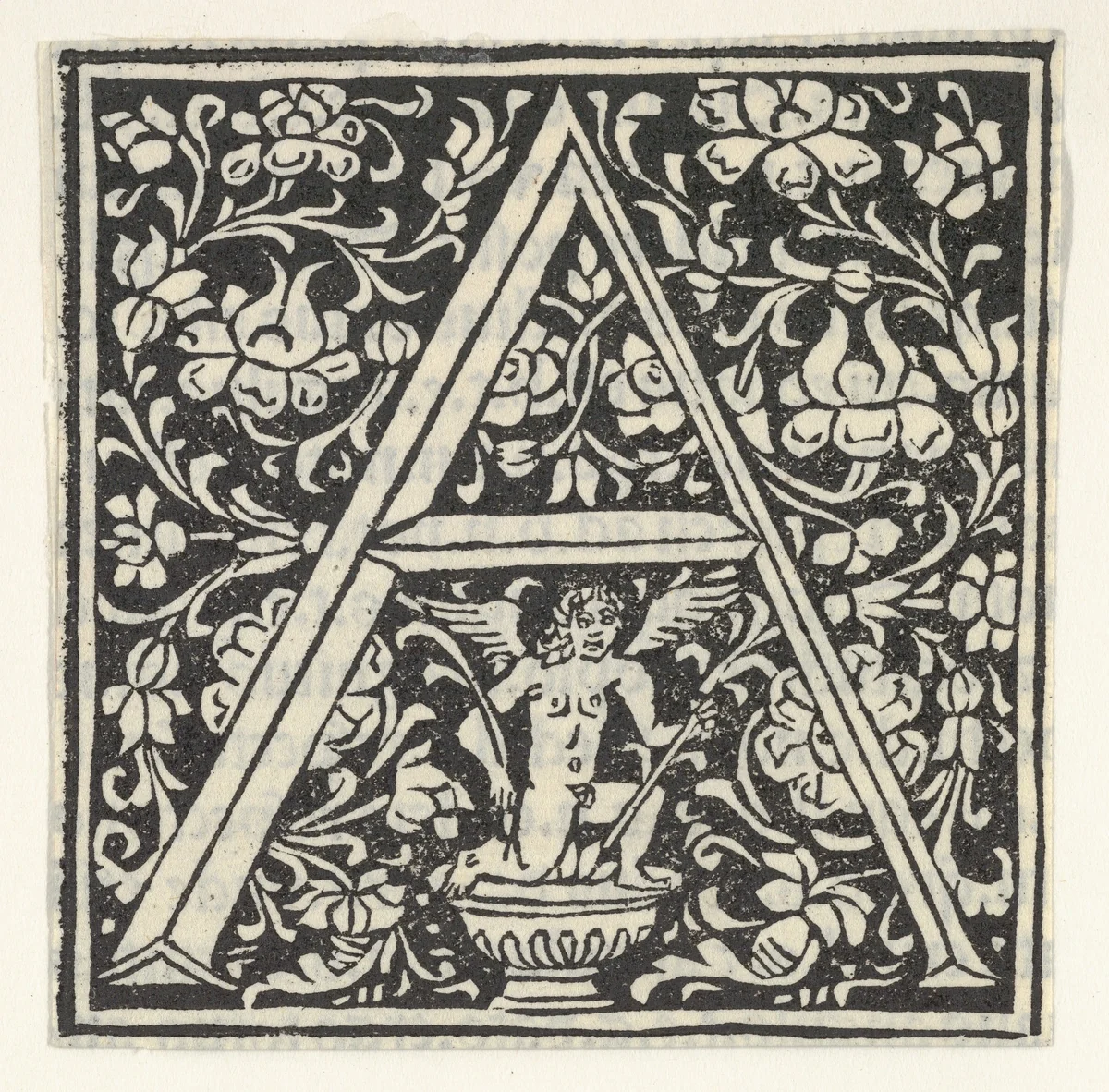 Initial letter A with putto by anonymous, print, 1496