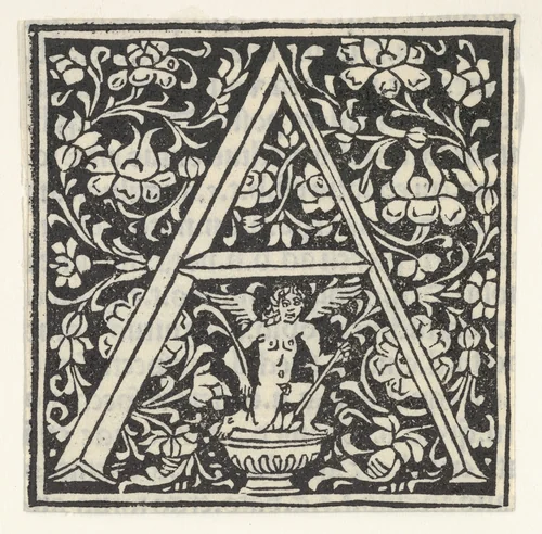 Initial letter A with putto by anonymous, print, 1496