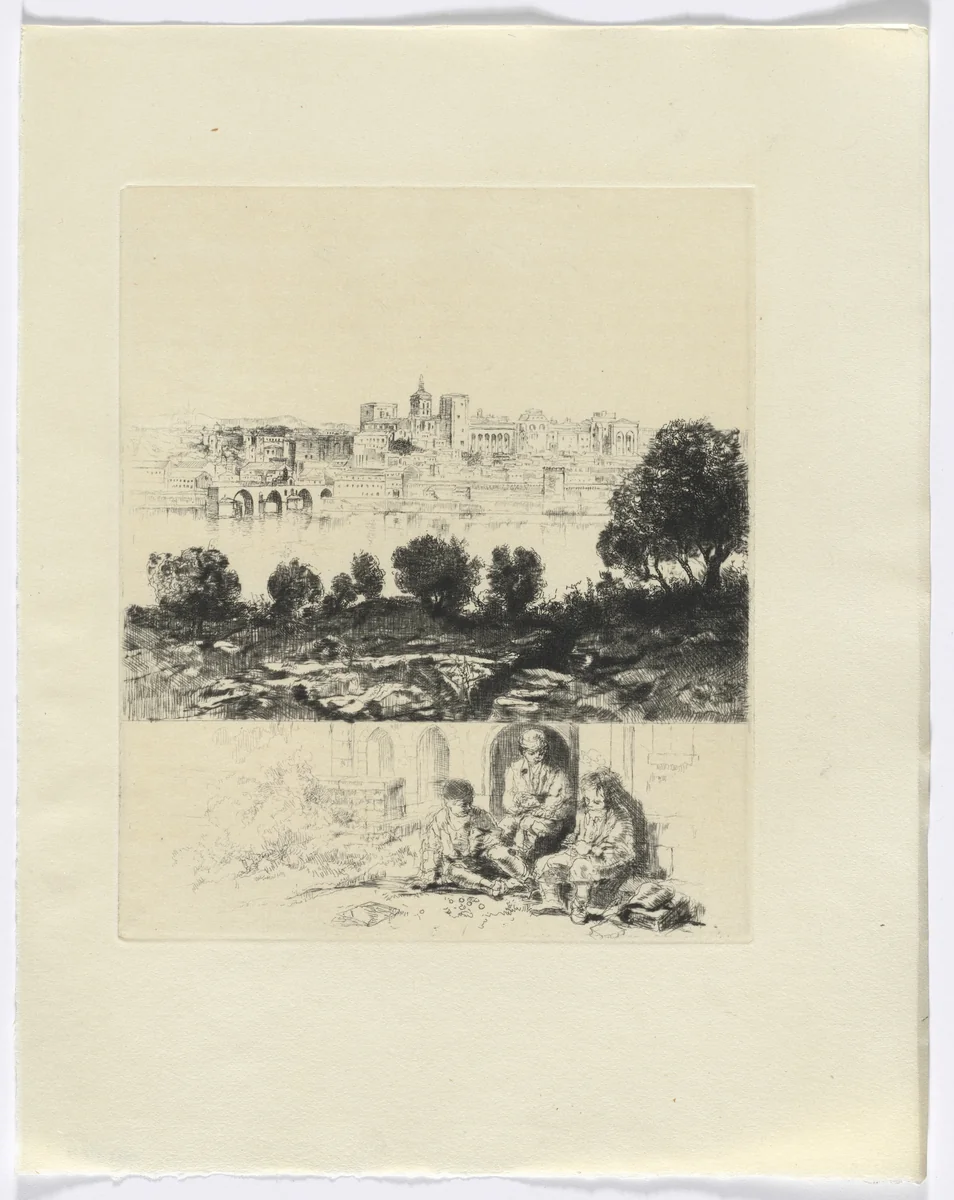 Frédéric Mistral: Mémoires et Recits by Frédéric Mistral: landscape with river and city view/ three figures (insert after p. 72) by Auguste Brouet, other, 1937