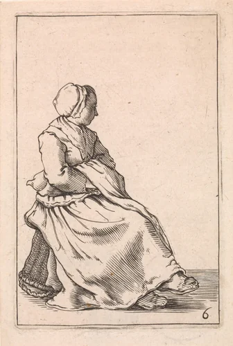 Zittende vrouw met over elkaar geslagen armen by Cornelis Saftleven, print, 1645