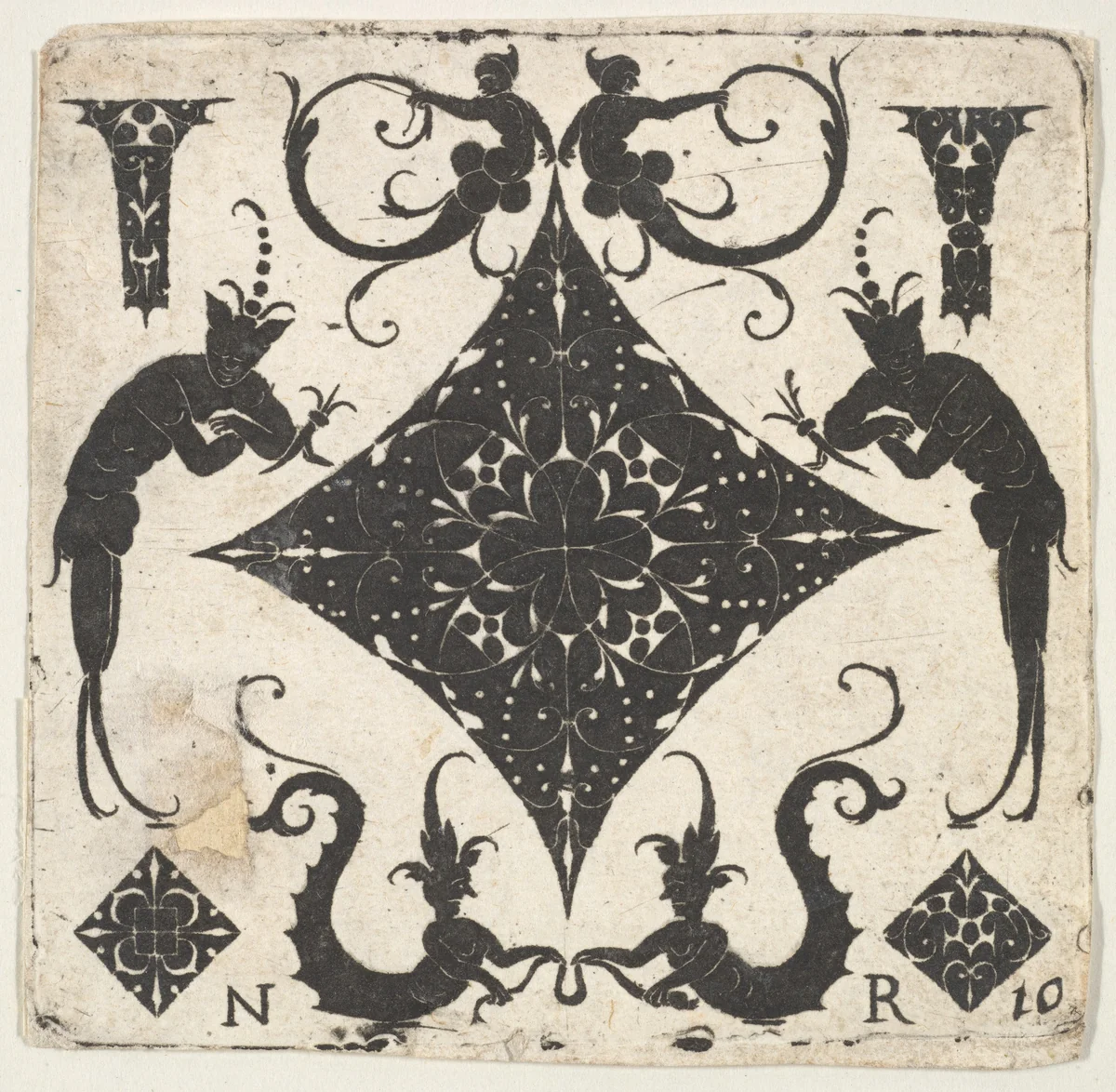 Concave Lozenge-shaped Panel and Grotesque Figures by Noël Rouillard, print, 1620-1630