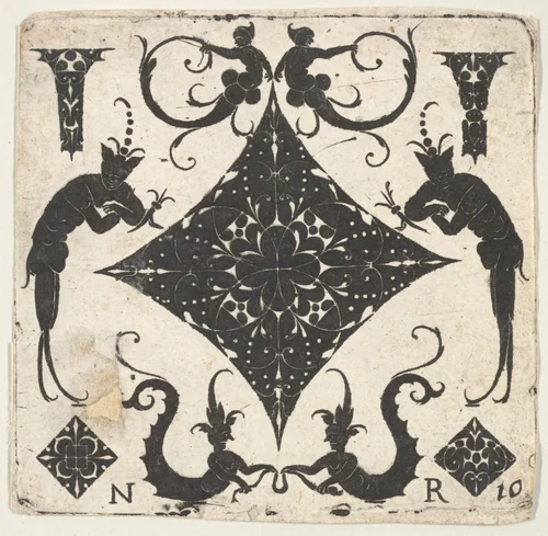 Concave Lozenge-shaped Panel and Grotesque Figures by Noël Rouillard, print, 1620-1630