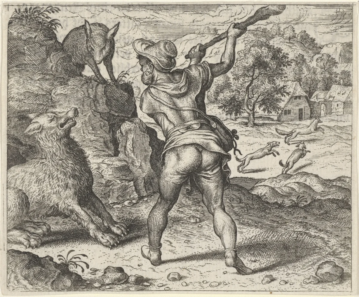 Fabel van de wolf, de vos en de herder by Aegidius Sadeler, print, 1608