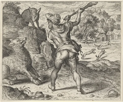 Fabel van de wolf, de vos en de herder by Aegidius Sadeler, print, 1608