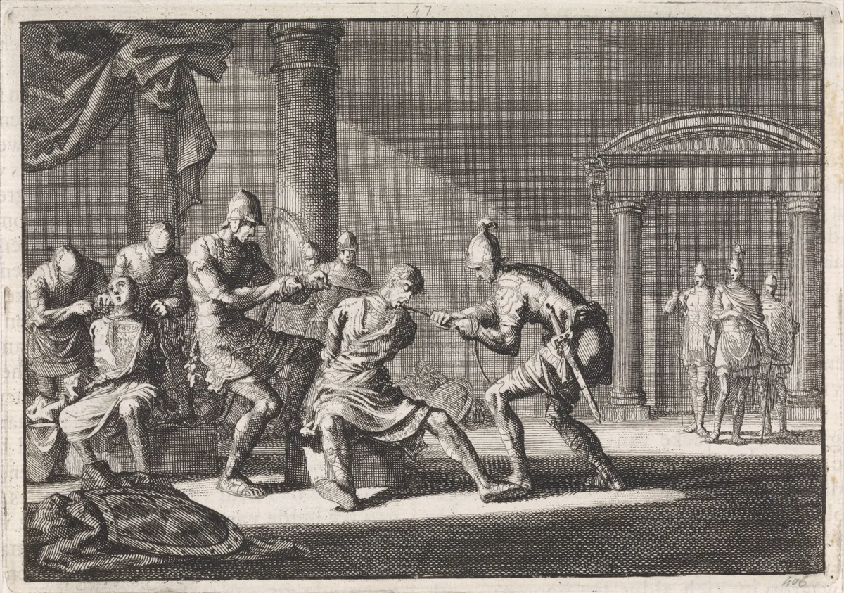 Alexander en Aristobulus in de gevangenis gewurgd by Jan Luyken, print, 1704