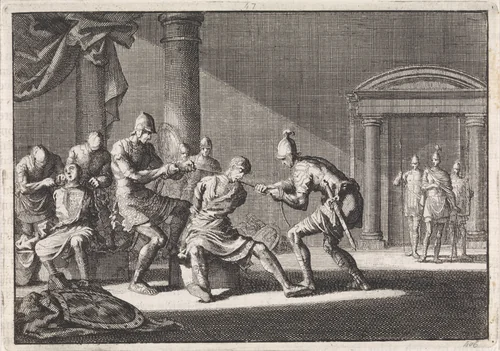 Alexander en Aristobulus in de gevangenis gewurgd by Jan Luyken, print, 1704