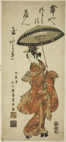 The Actor Segawa Kikunojo II holding an umbrella by Ishikawa Toyonobu, print, 1750-1759