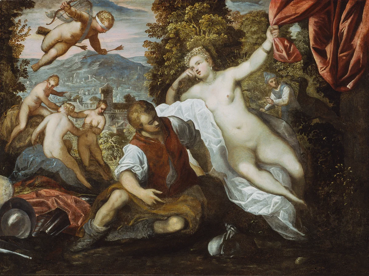 Venus and Mars with Cupid and the Three Graces in a Landscape by Domenico Tintoretto, painting, 1590-1595