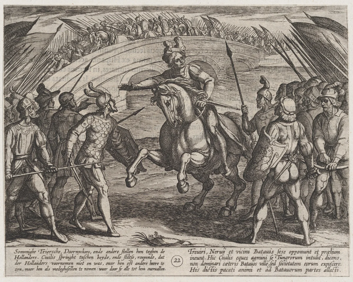 Plate 22: Civilis Separates German and Dutch Troops, from The War of the Romans Against the Batavians (Romanorvm et Batavorvm societas) by Antonio Tempesta, print, 1611-1612