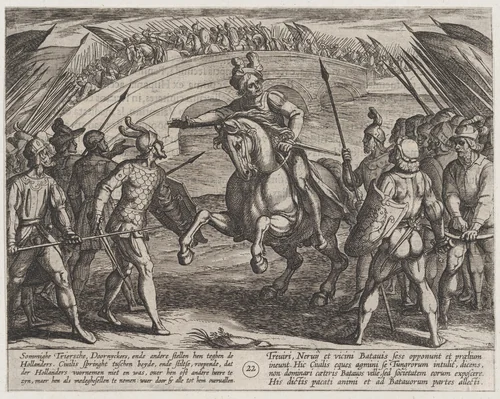 Plate 22: Civilis Separates German and Dutch Troops, from The War of the Romans Against the Batavians (Romanorvm et Batavorvm societas) by Antonio Tempesta, print, 1611-1612