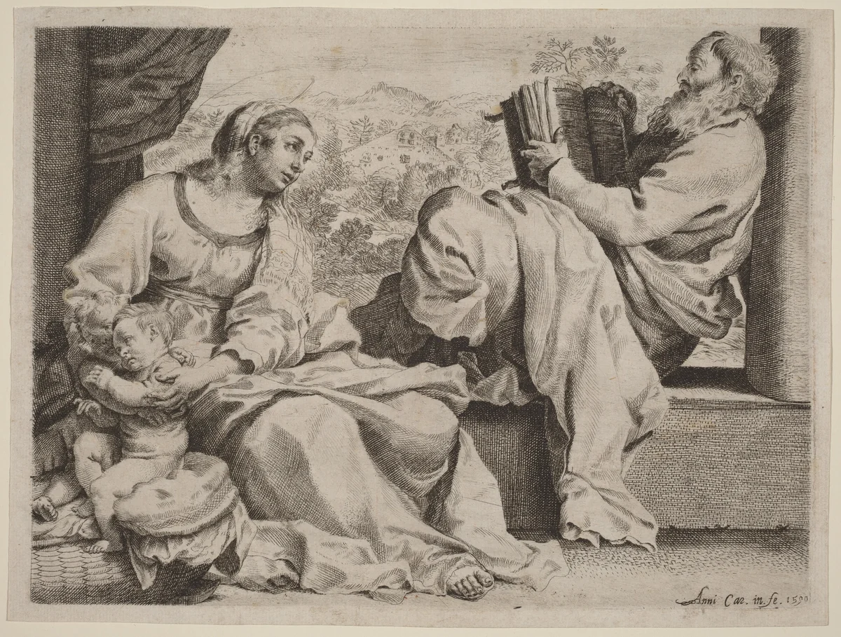 The Holy Family with Saint John the Baptist by Annibale Carracci, print, 1590