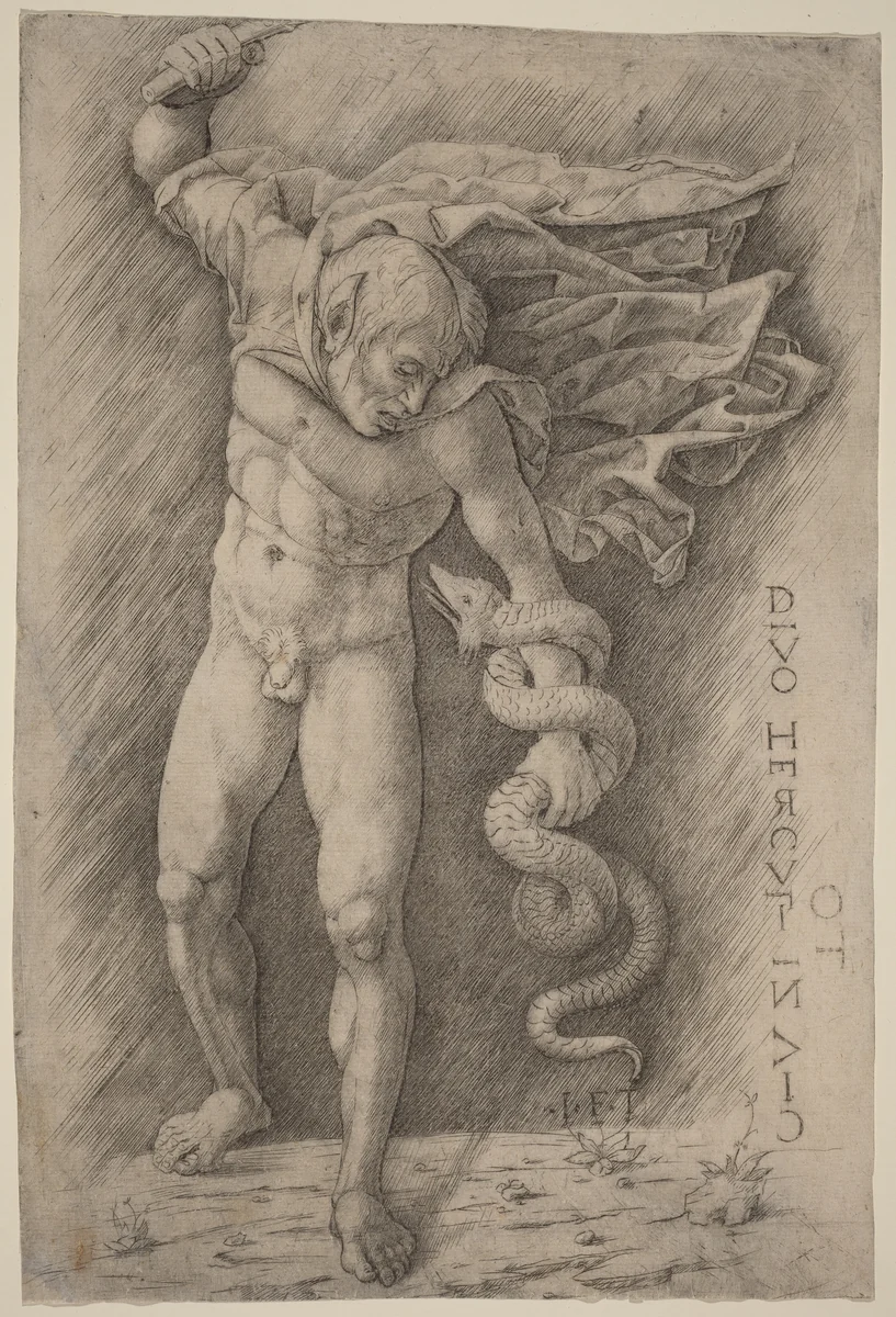 Faun Battling a Snake by Andrea Mantegna, print, 1500