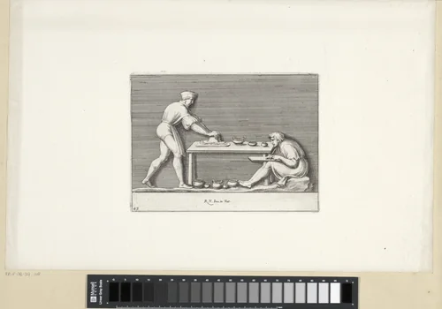 Boetserende en schrijvende man by Pietro Sante Bartoli, print, 1645-1700