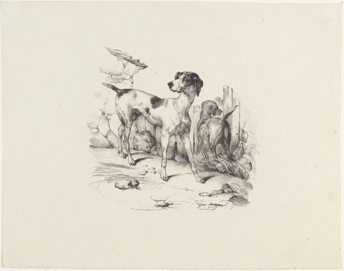 Twee honden bij een schutting by anonymous, print, 1822-1845
