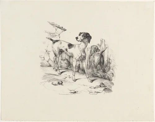 Twee honden bij een schutting by anonymous, print, 1822-1845