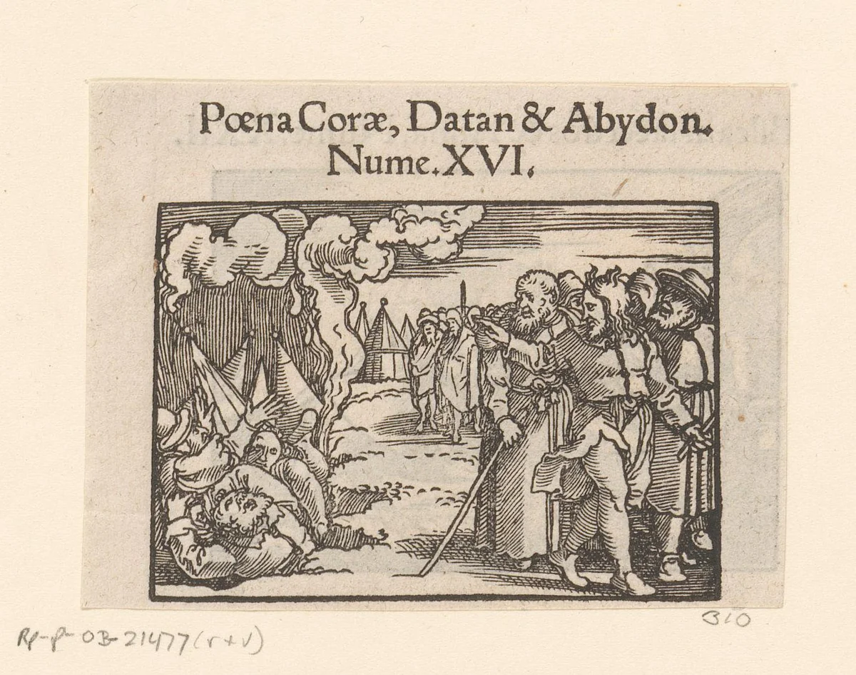 Dathan en Abiram worden door de aarde verslonden by anonymous, print, 1530-1533