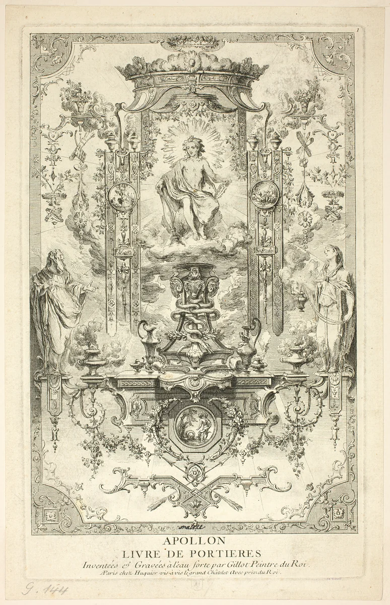 Apollo, from Livre de Portieres by Claude Gillot, print, 1737