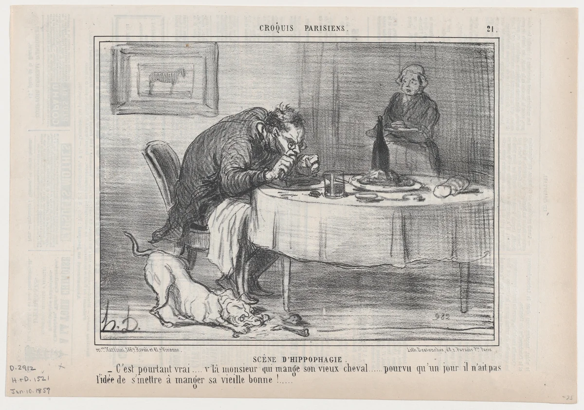 Scêne d'Hippophagie, from Croquis Dramatiques, published in Le Charivari, January 10, 1857 by Honoré Daumier, print, 1857