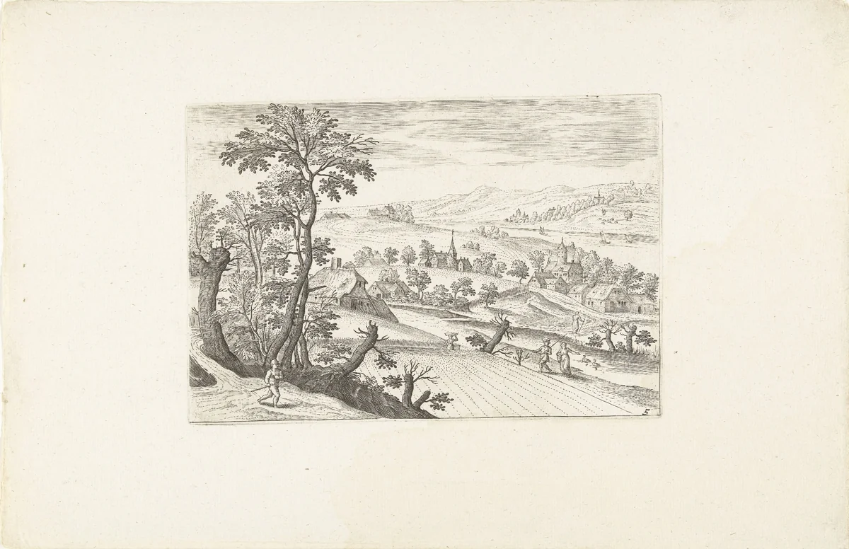 Landschap met een korenveld by Adriaen Collaert, print, 1578-1618