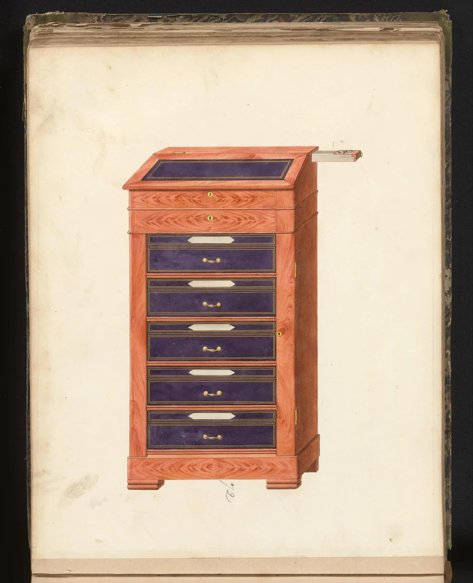 Ontwerp voor een ladekast met vijf lades met lessenaar en uitschuifbaar inktstel by anonymous, drawing, 1825-1839