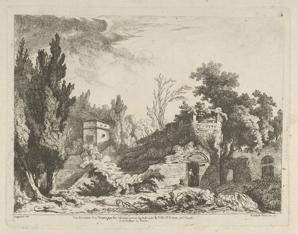 Vue des restes d'un théâtre from Differentes vues dessiné d'après nature... dans les environs de Rome et de Naples by Adélaide Allou, print, 1700-1799