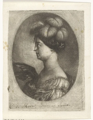 Portretbuste van een jonge vrouw in profiel by Carel de Moor, print, 1666-1738
