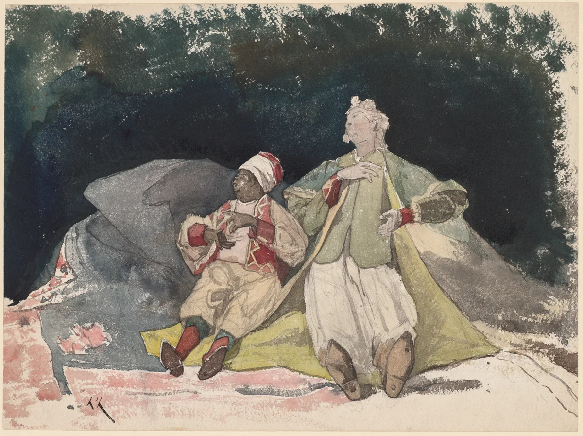 Two Dolls or Puppets Sitting on Cushions by Henri Joseph Harpignies, drawing, 1865-1885