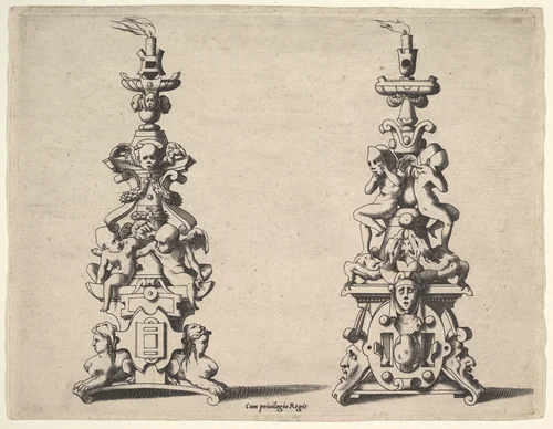 Two candlestick designs by René Boyvin, print, 1550-1560