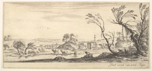 Plate 2: a peasant woman removing her shoes in center, another peasant woman and two cows in a stream to left, a bridge to right in the background, from "Various Landscapes" (Divers Paysages) by Stefano della Bella, print, 1636-1646