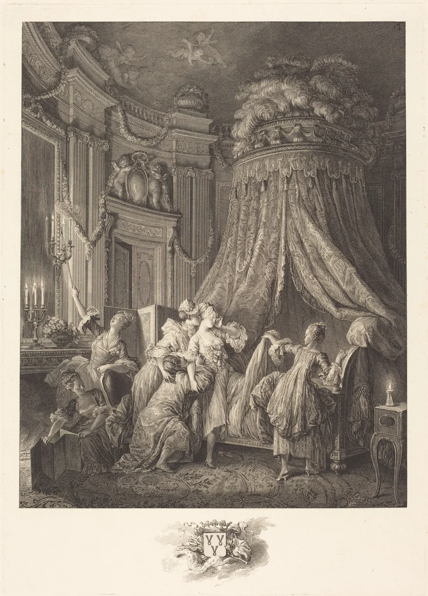 Le couché de la mariée by Jean-Baptiste Blaise Simonet; Jean-Michel Moreau the Younger; Pierre-Antoine Baudouin, print, 1768