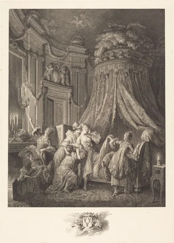 Le couché de la mariée by Jean-Baptiste Blaise Simonet; Jean-Michel Moreau the Younger; Pierre-Antoine Baudouin, print, 1768