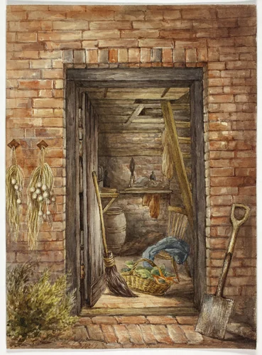 Brick Wall with Open Door and Shovel by Elizabeth Murray, painting, 1852
