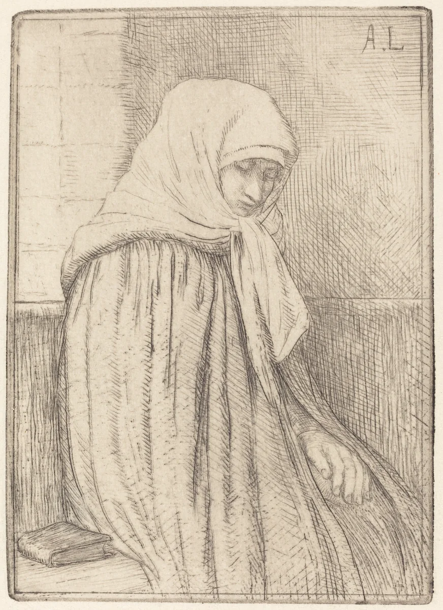 Young Peasant Seated in a Church (Jeune paysanne assise dans une eglise) by Alphonse Legros, print, 1837-1911