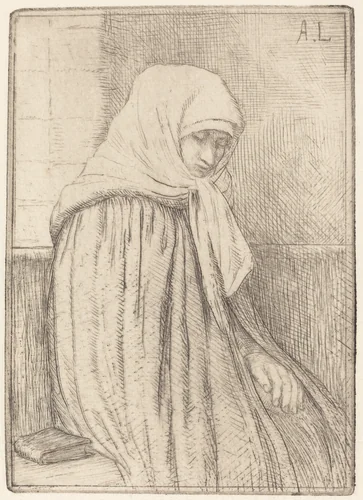 Young Peasant Seated in a Church (Jeune paysanne assise dans une eglise) by Alphonse Legros, print, 1837-1911