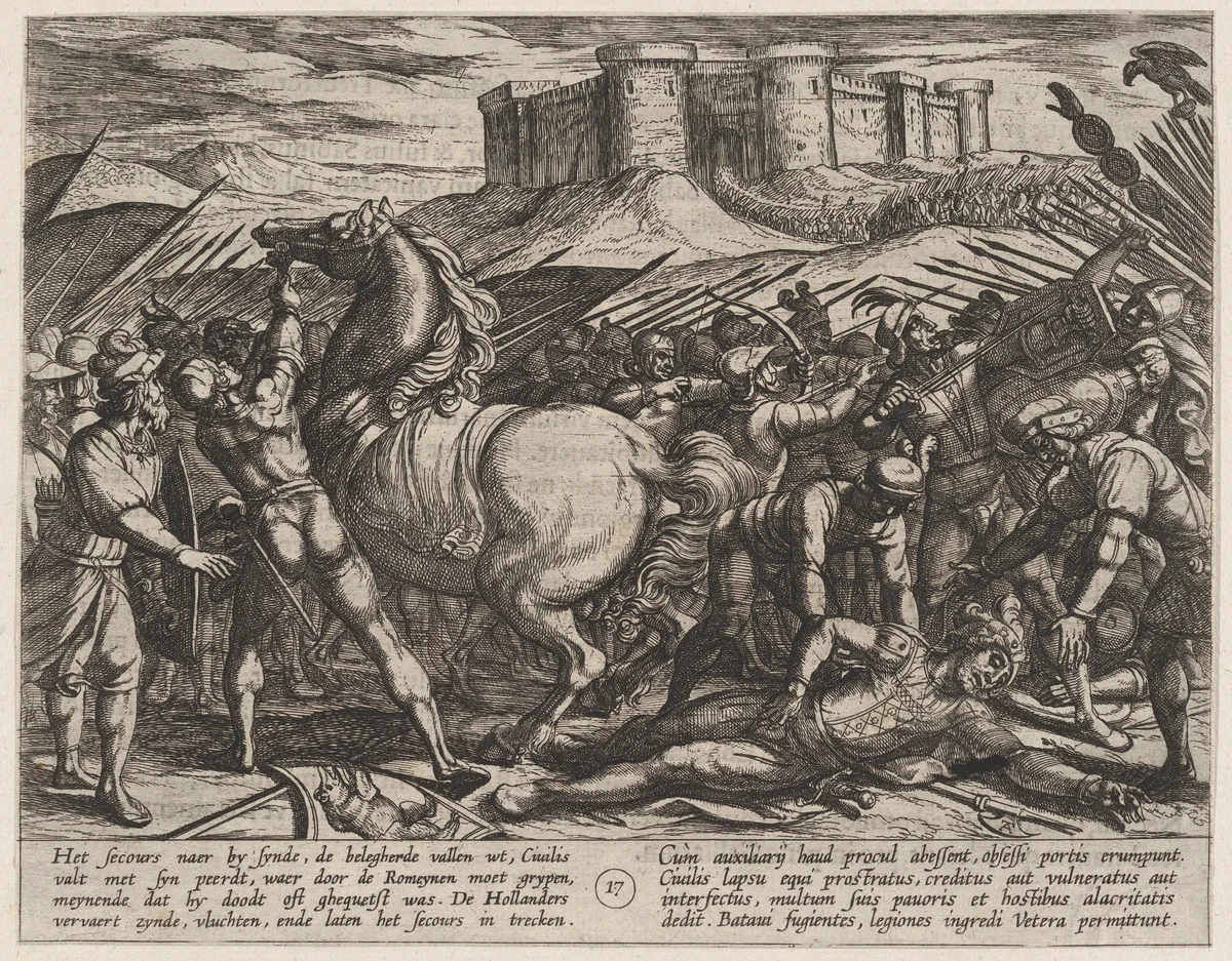 Plate 17: The Romans Misled by Civilis' Horse to Believe that He was Dead or Injured, from The War of the Romans Against the Batavians (Romanorvm et Batavorvm societas) by Antonio Tempesta, print, 1611-1612