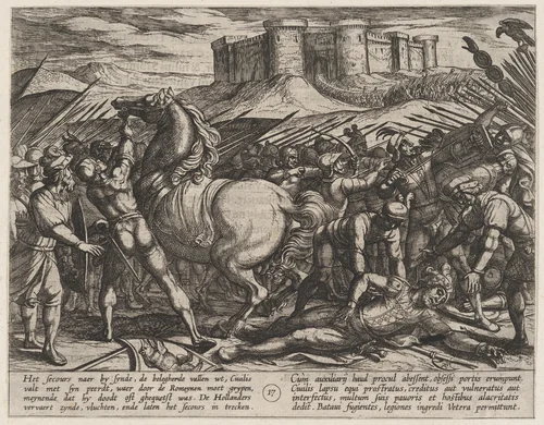 Plate 17: The Romans Misled by Civilis' Horse to Believe that He was Dead or Injured, from The War of the Romans Against the Batavians (Romanorvm et Batavorvm societas) by Antonio Tempesta, print, 1611-1612