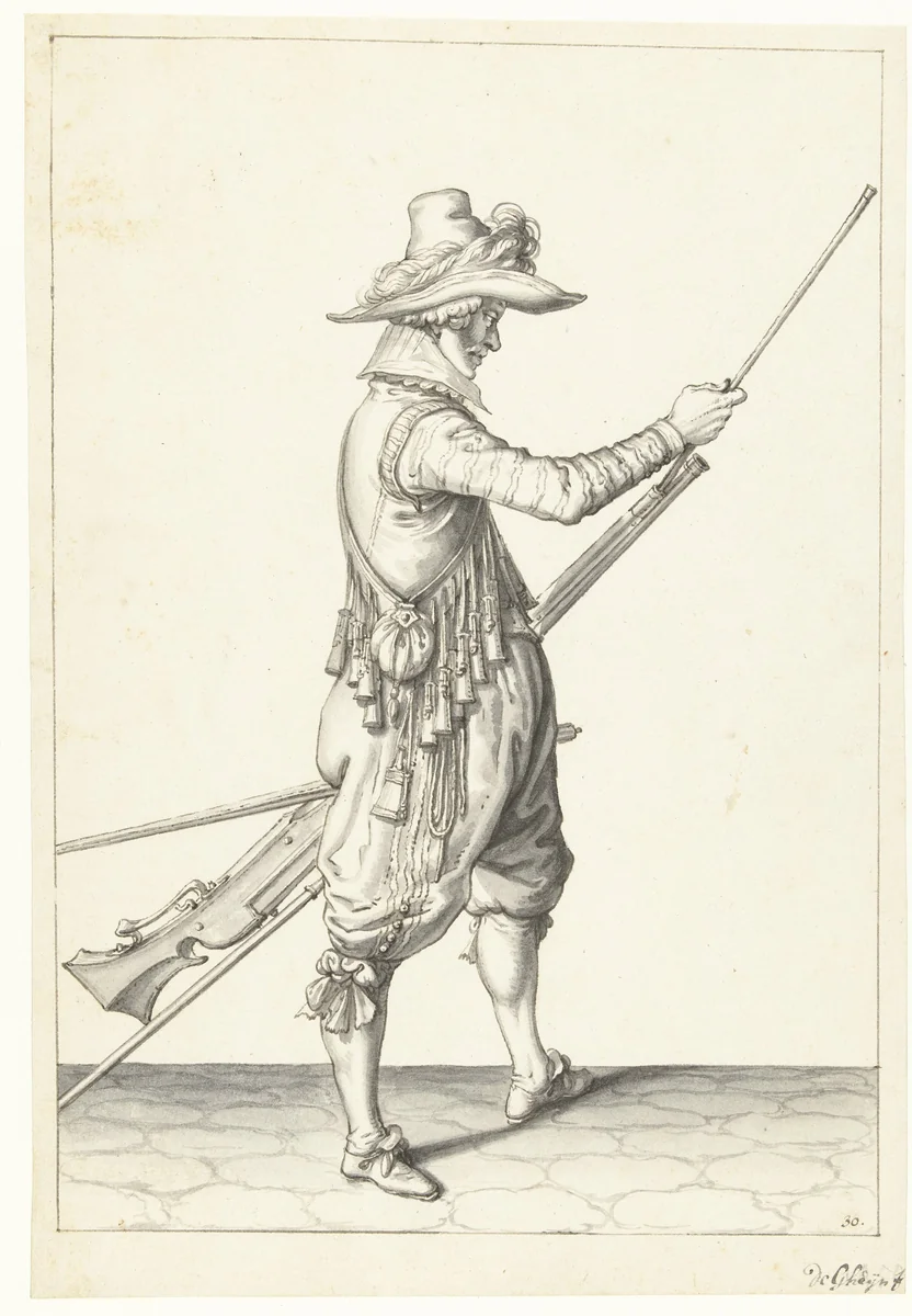Soldaat die zijn laadstok in de houder onder de loop van zijn musket schuift by Jacques de Gheyn, drawing, 1596-1606