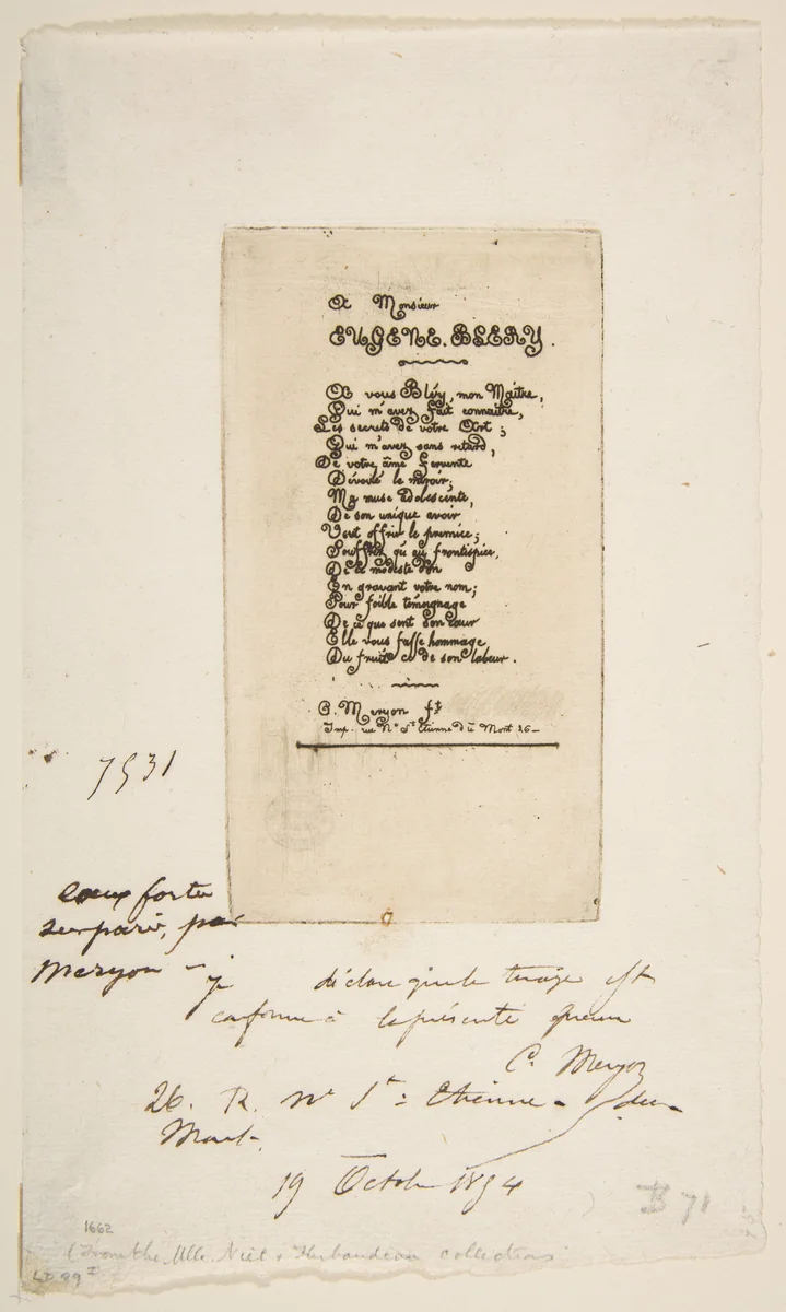 Vers a Eugène Bléry, No 2 (Verses dedicated to Eugène Bléry, No 2) by Charles Meryon, print, 1854