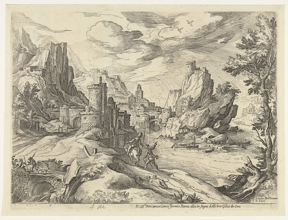 Rotskust in Campania met stad en reizigers by Unknown, print, 1590